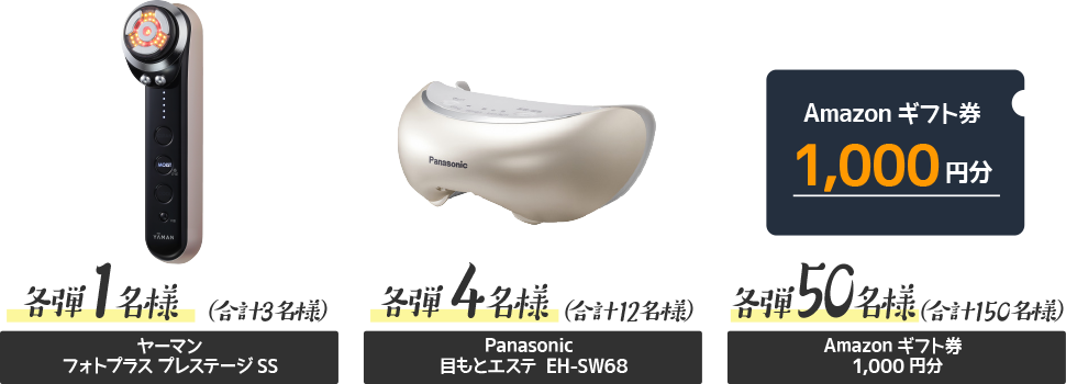 A賞 各弾1名様（合計3名様）ヤーマン フォトプラス プレステージ SS  B賞 各弾4名様（合計12名様）一休.com ギフト 選べる スパ＆エステ券 月コース  C賞 各弾50名様（合計150名様）Amazon ギフト券 1,000円分